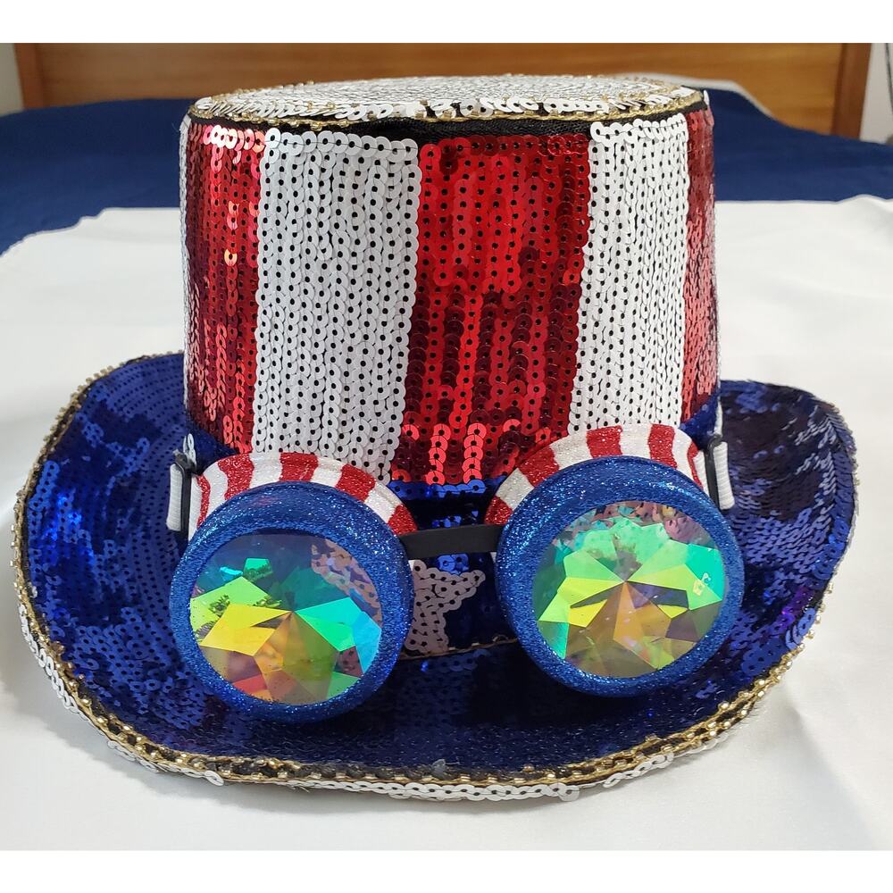 Steampunk 4th of July Top Hat Sequin Goggles USA Patriotic Burning Man KBW New